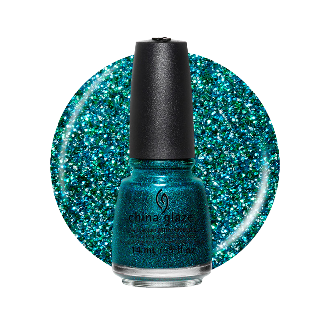 A bottle of China Glaze glitter nail polish in a sparkling teal-blue shade, shown in front of a large circular glitter swatch of the same color on a white background.
