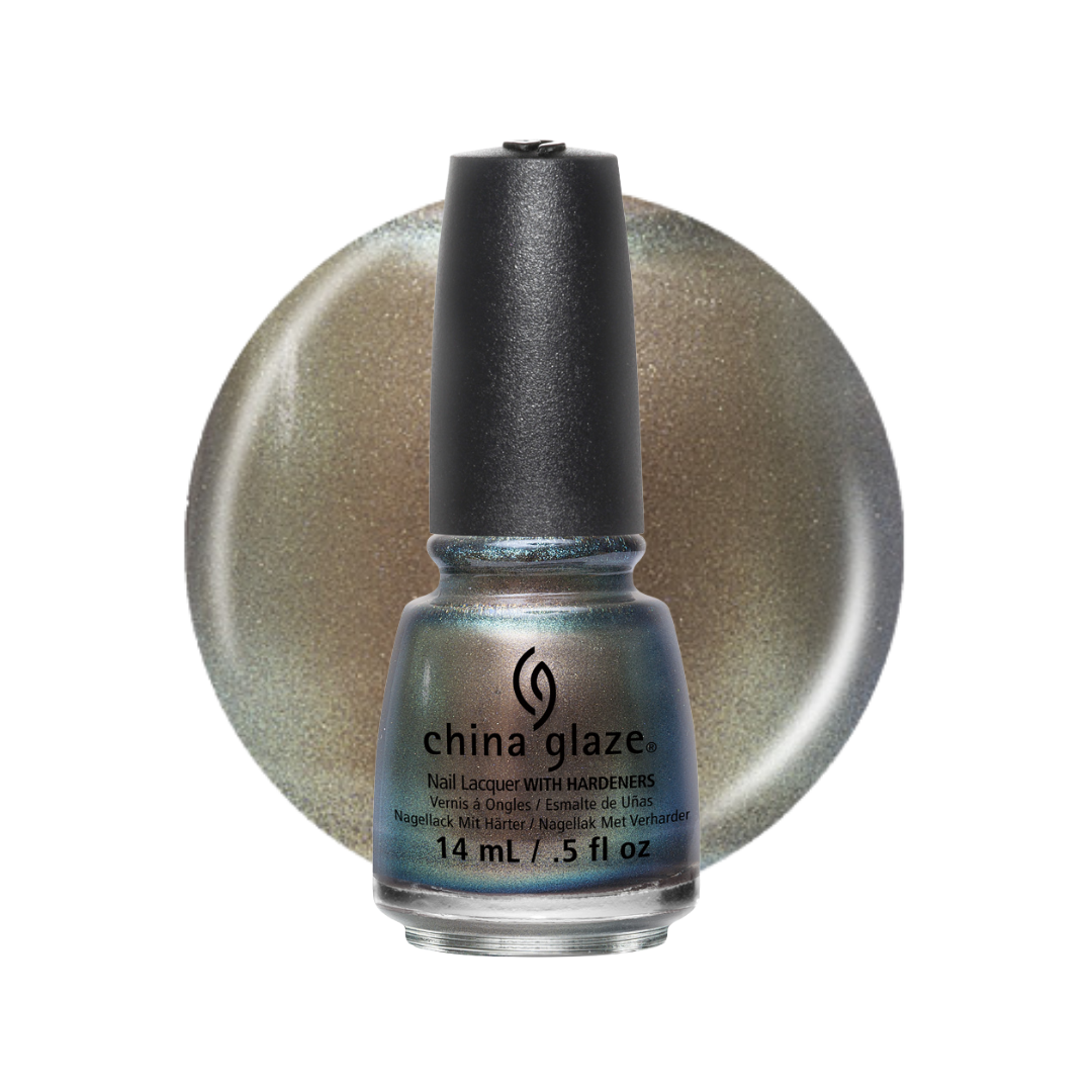 A bottle of China Glaze nail lacquer with hardeners, featuring a shimmering metallic silver-gray color, set against a matching circular color swatch on a white background.