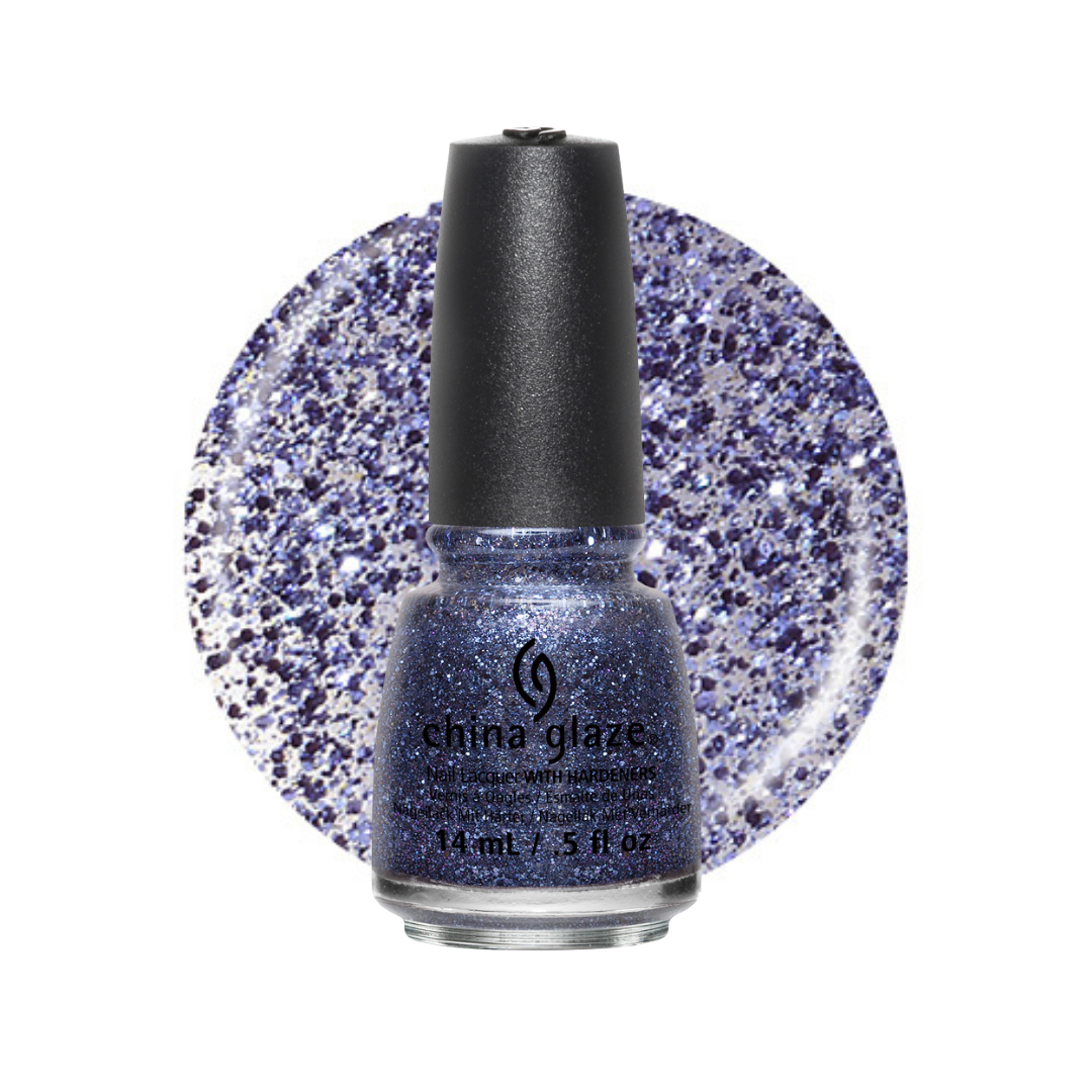 A bottle of China Glaze nail polish in a sparkling periwinkle blue shade, shown in front of a circular glitter swatch of the same color on a white background.