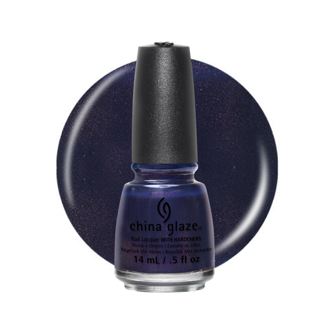A bottle of China Glaze nail polish in a deep navy blue shade with subtle shimmer, shown in front of a matching circular color swatch on a white background.