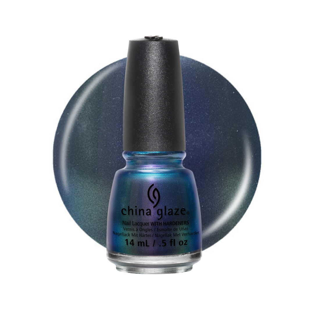 A bottle of China Glaze nail polish in a deep blue metallic shade, shown in front of a matching circular color swatch on a white background.