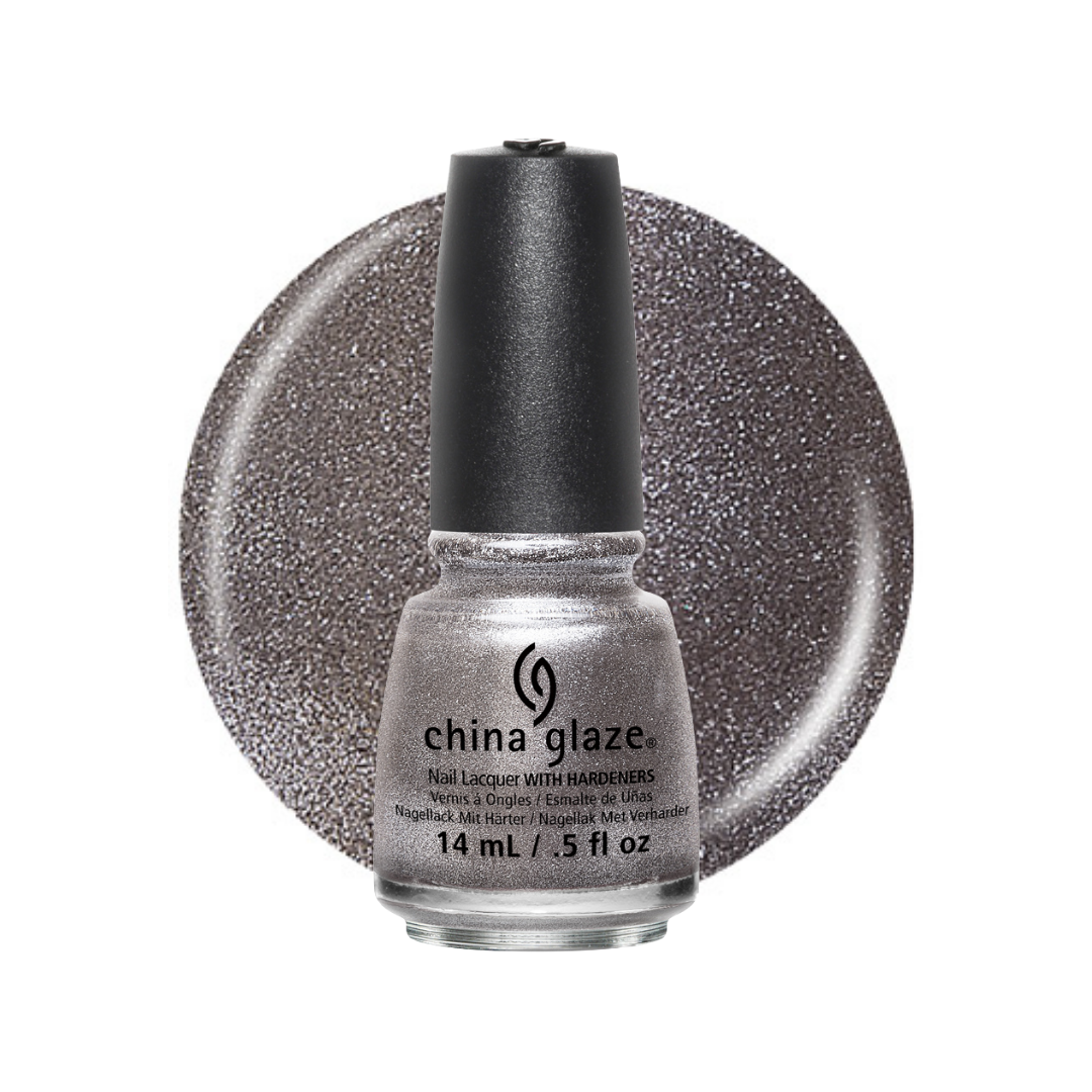 A bottle of China Glaze nail polish with a black cap, shown in front of a circular glitter swatch of the same silver-gray shade on a white background.