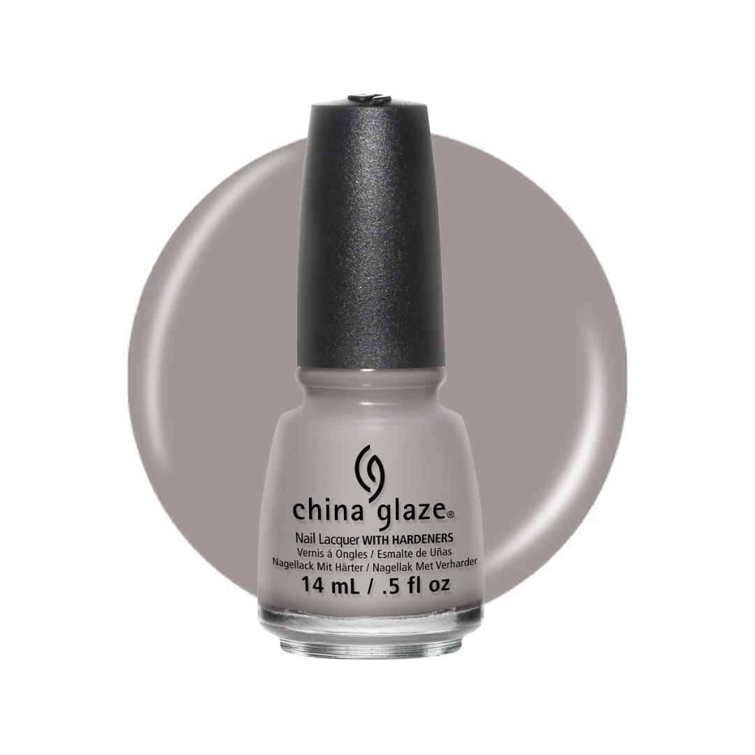 A bottle of China Glaze nail lacquer with hardeners in a light gray shade, shown against a white background with a matching circular color swatch behind it.