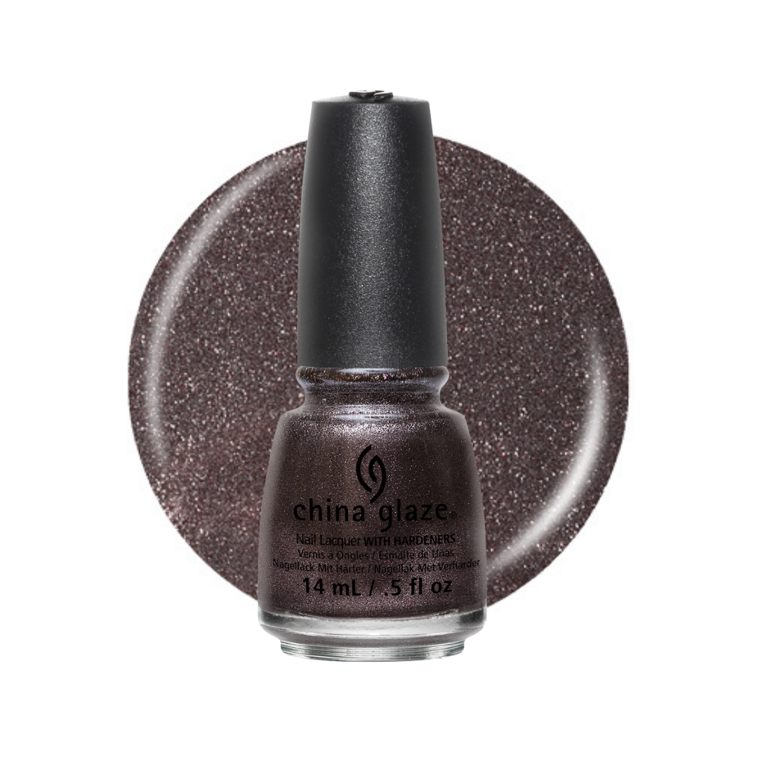 A bottle of China Glaze nail polish in a dark, shimmery plum-brown shade, shown in front of a matching circular swatch on a white background.