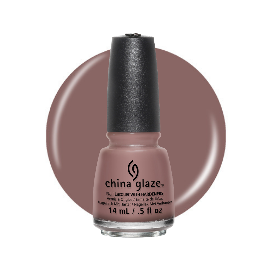 A bottle of China Glaze nail polish in a dusty mauve-brown shade, shown in front of a matching circular color swatch on a white background.