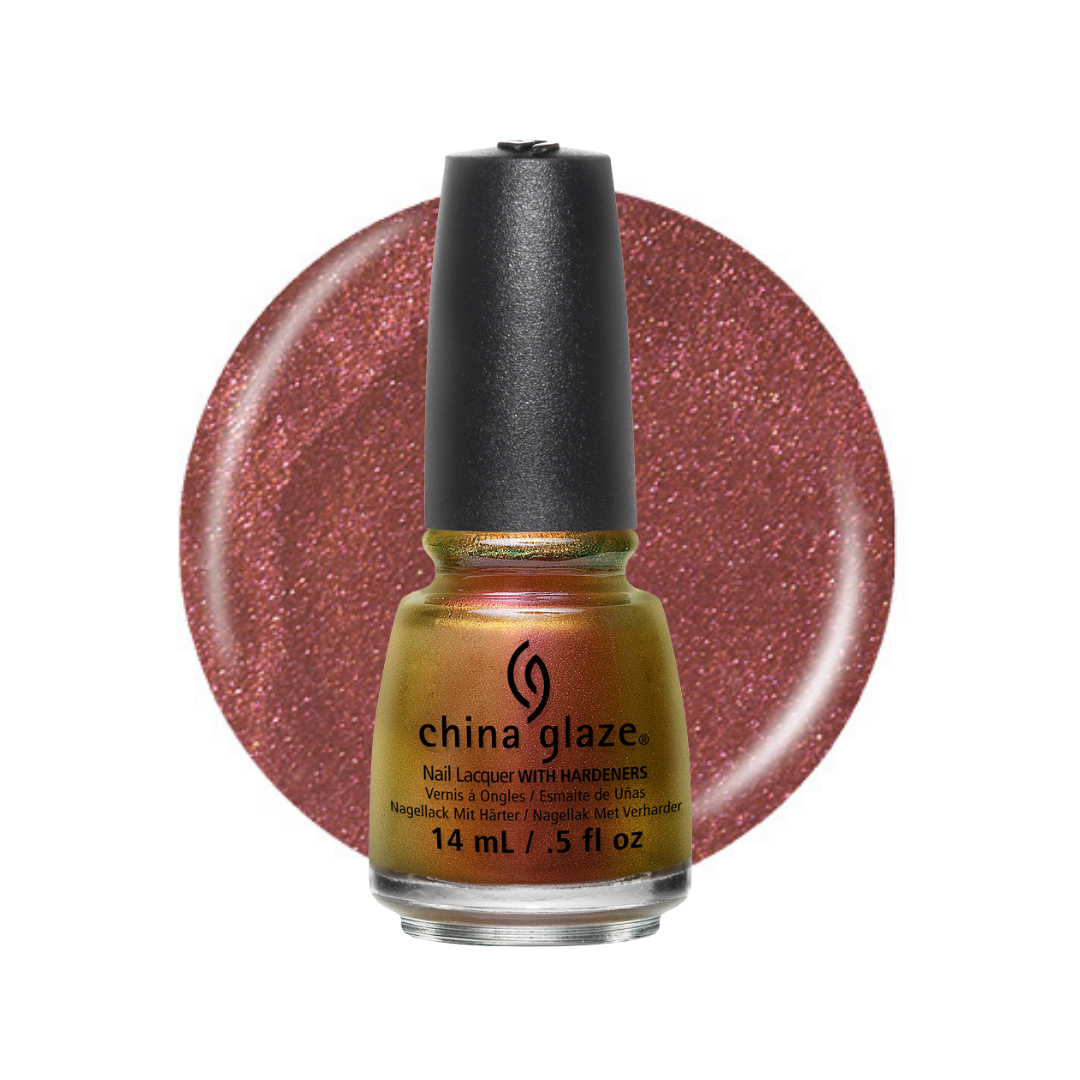 A bottle of China Glaze nail lacquer with hardeners, featuring a shimmering rose gold and gold metallic finish, set against a matching circular color swatch on a white background.