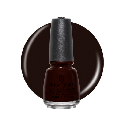 A bottle of China Glaze nail polish in a deep dark brown shade, shown in front of a matching circular color swatch on a white background.