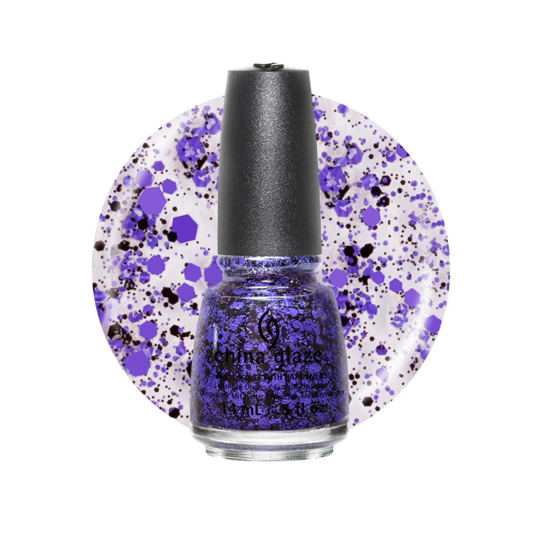 A China Glaze nail polish bottle filled with glittery purple polish, set against a circular white background patterned with purple and black paint splatters. 
