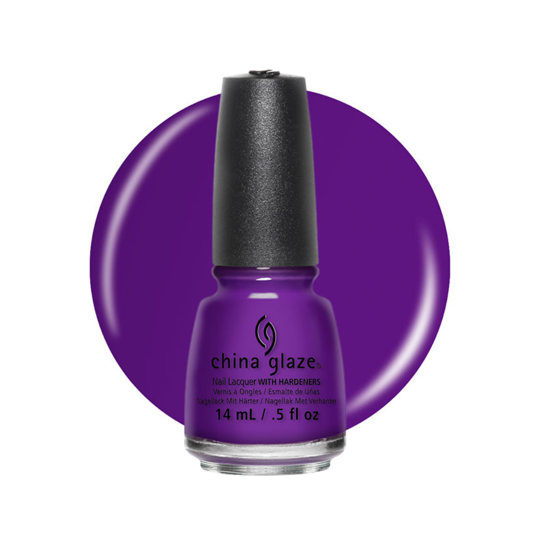 A bottle of China Glaze nail lacquer in a vibrant purple shade, shown in front of a matching purple circular color swatch on a white background.