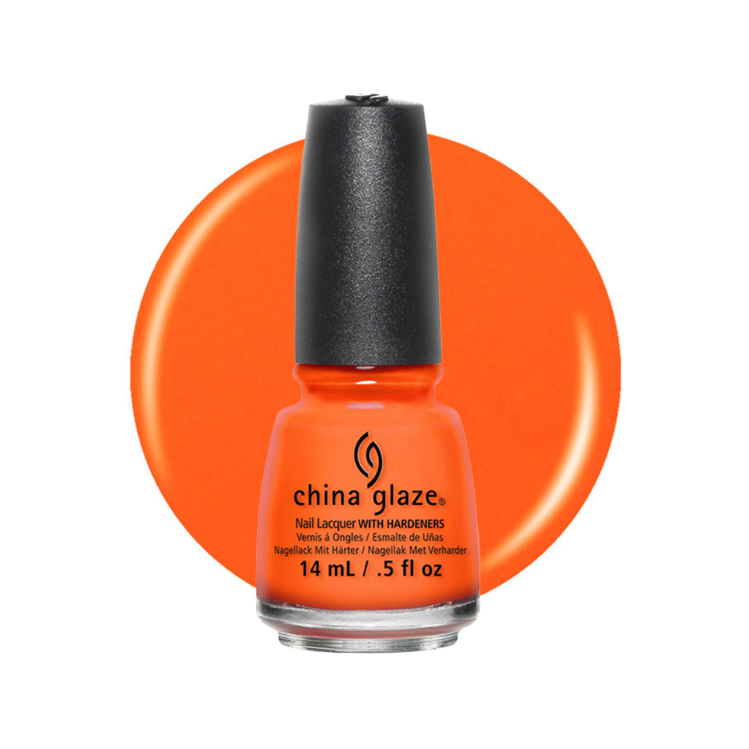 A bottle of China Glaze nail polish in a bright orange shade, shown against a matching orange circular swatch on a white background.