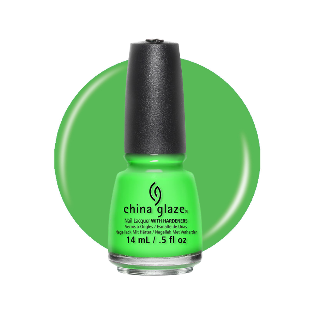 A bottle of China Glaze nail polish in a bright neon green shade, shown against a matching green circular color swatch on a white background.