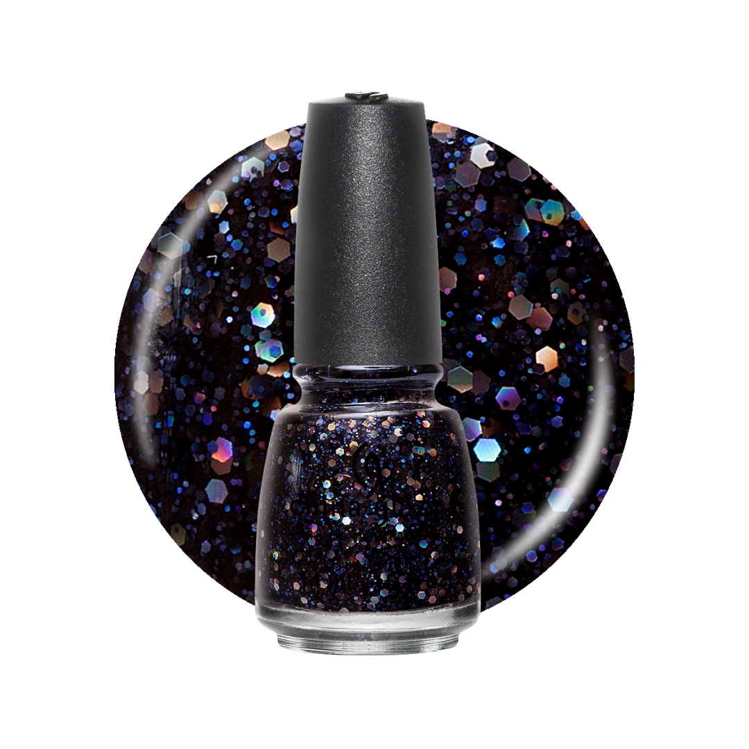 A bottle of China Glaze black iridescent glitter nail polish with a black cap, shown in front of a circular swatch of iridescent multicolor glitter on a white background.