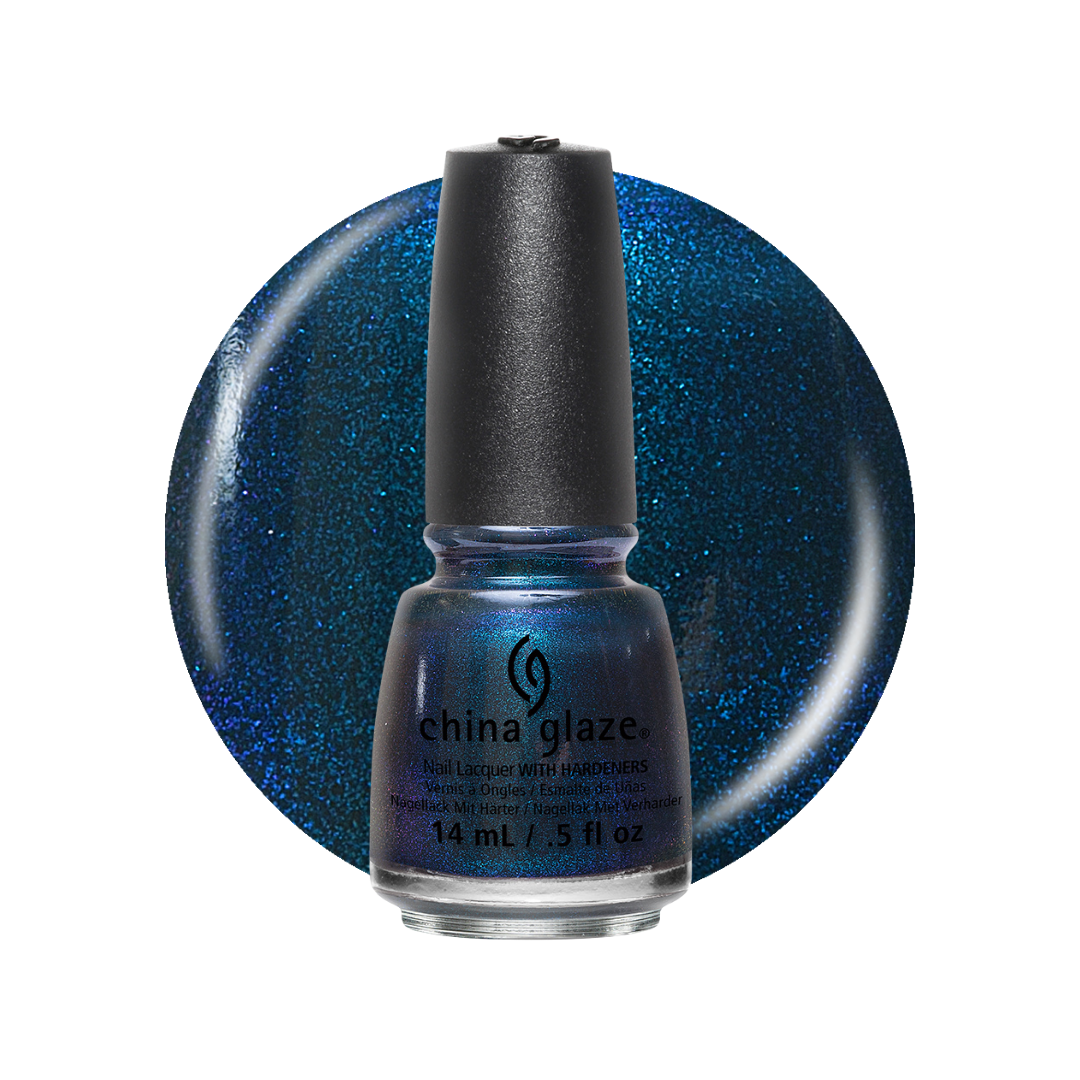 A bottle of China Glaze nail polish with shimmering blue and teal glitter polish, shown in front of a large circular swatch of the same blue glitter shade on a white background.