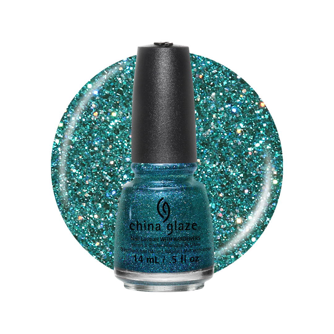A bottle of China Glaze nail polish in a sparkling teal blue shade, set against a matching glittery circular swatch on a white background.
