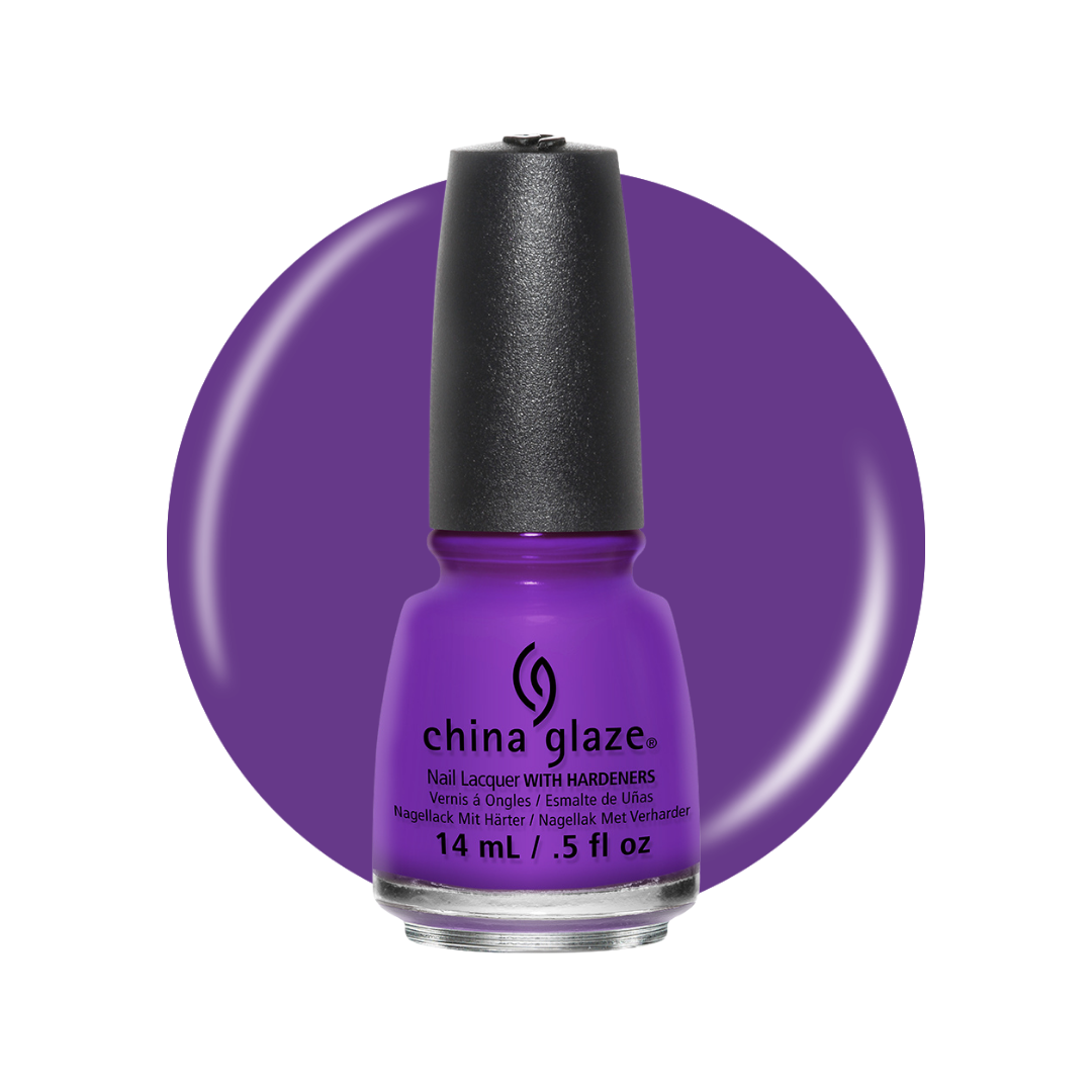 A bottle of China Glaze nail polish in a vibrant purple shade, set against a matching purple circular color swatch on a white background.