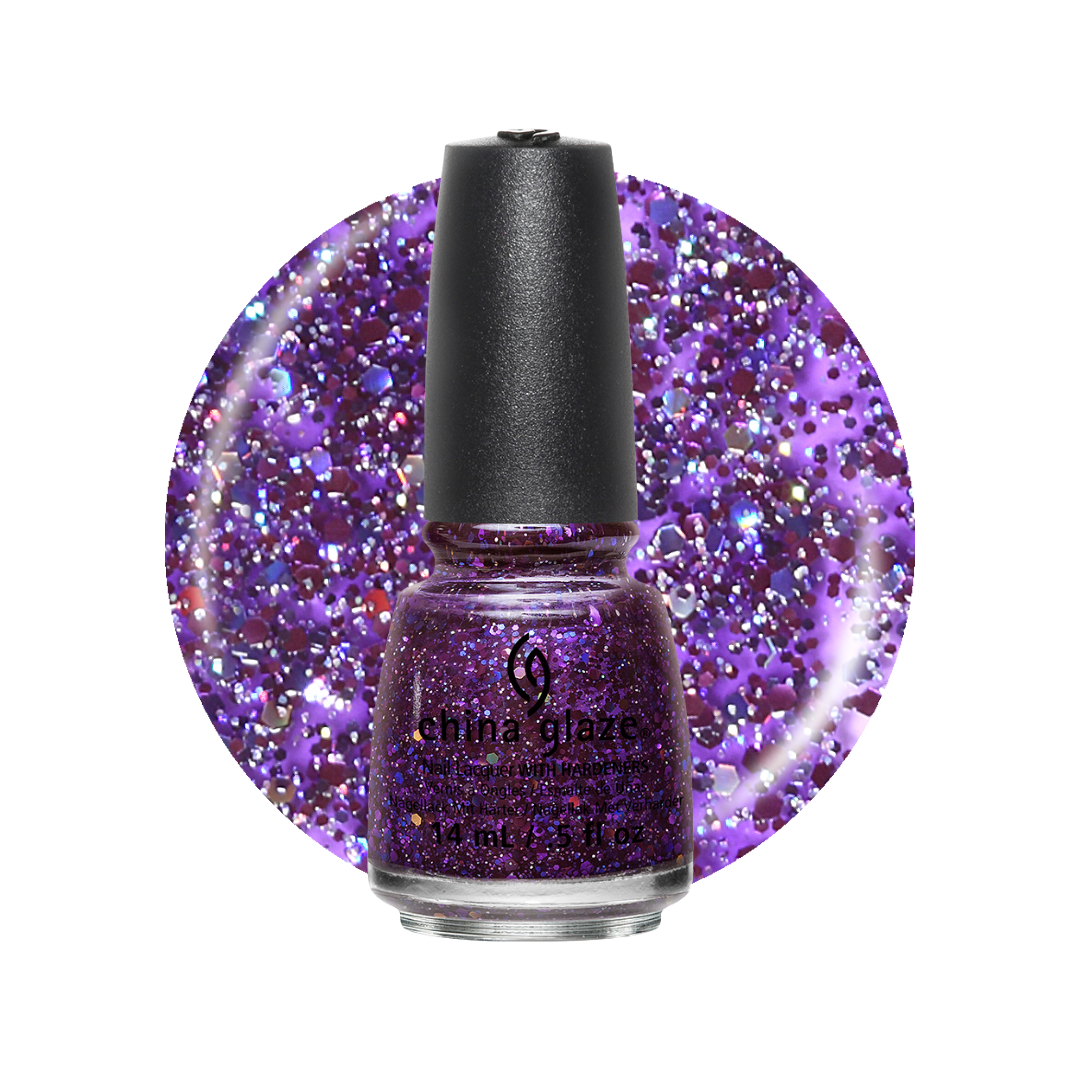 A bottle of China Glaze glitter nail polish in a deep purple shade with holographic sparkle, set against a circular glitter swatch of the same shade on a white background.