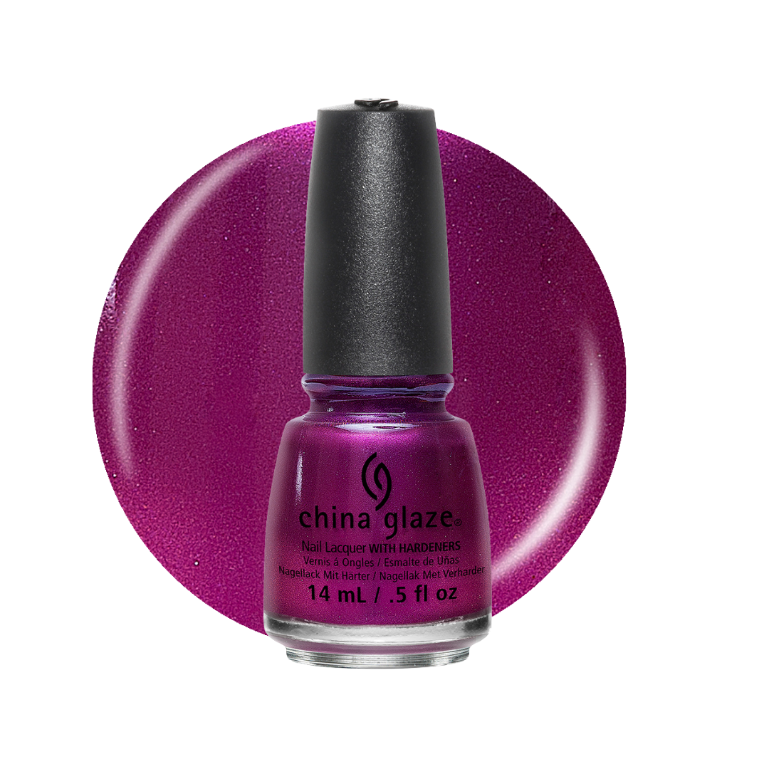 A bottle of China Glaze nail lacquer with hardeners in a sparkling magenta-purple shade, set against a matching circular color swatch on a white background.