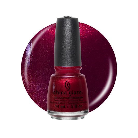 A bottle of China Glaze nail polish in a deep glittery burgundy-red shade, shown in front of a matching circular color swatch on a white background.