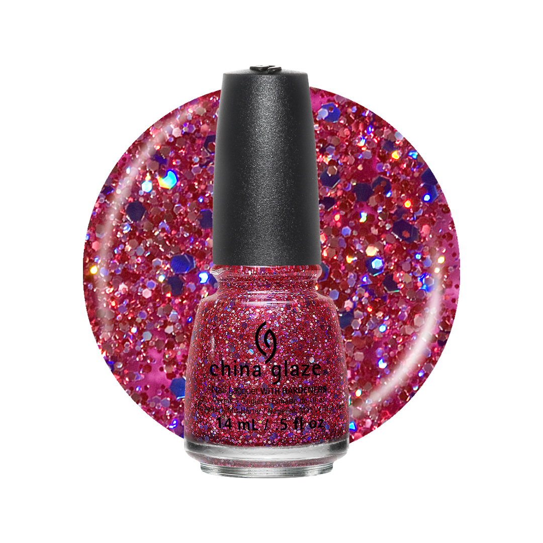 China Glaze glitter nail polish bottle in a bright pink shade, shown in front of a circular glitter swatch of the same color on a white background.