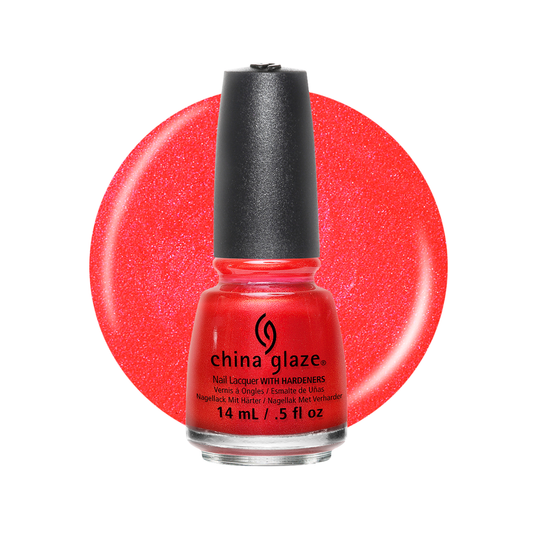 A bottle of China Glaze nail polish with hardeners in a vibrant red glitter shade, set against a matching circular red glitter swatch on a white background.