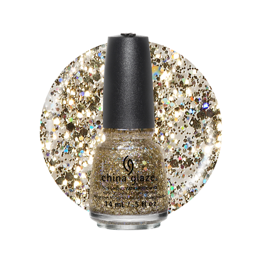 China Glaze glitter nail polish bottle in a gold shade with a black cap, shown in front of a circular glitter swatch on a white background.