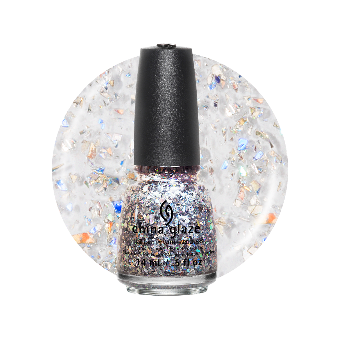 A bottle of China Glaze glitter nail polish with a black cap, shown in front of a circular swatch of the clear, iridescent glitter polish.