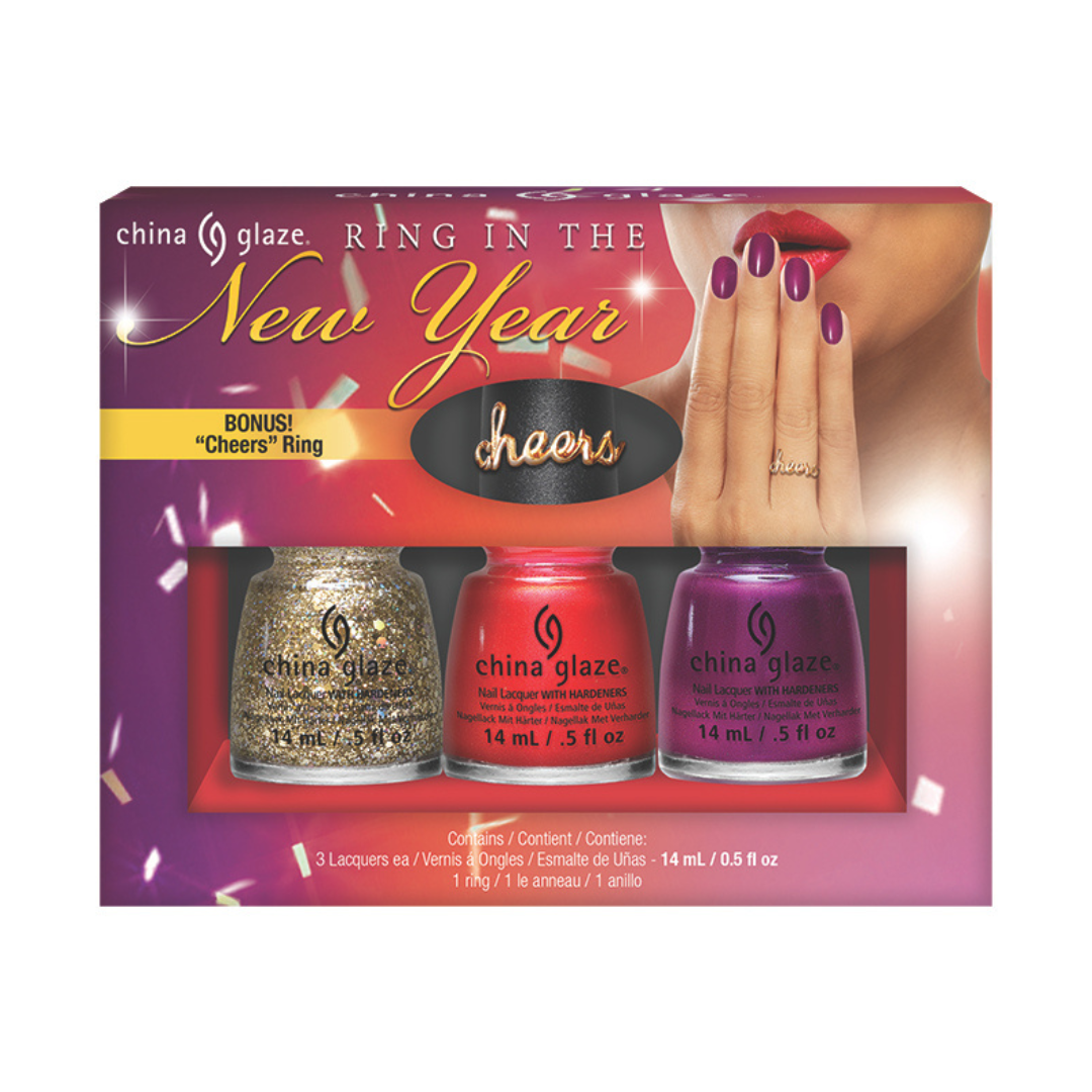 China Glaze nail polish set with three bottles and a ring, themed 'Ring in the New Year'.