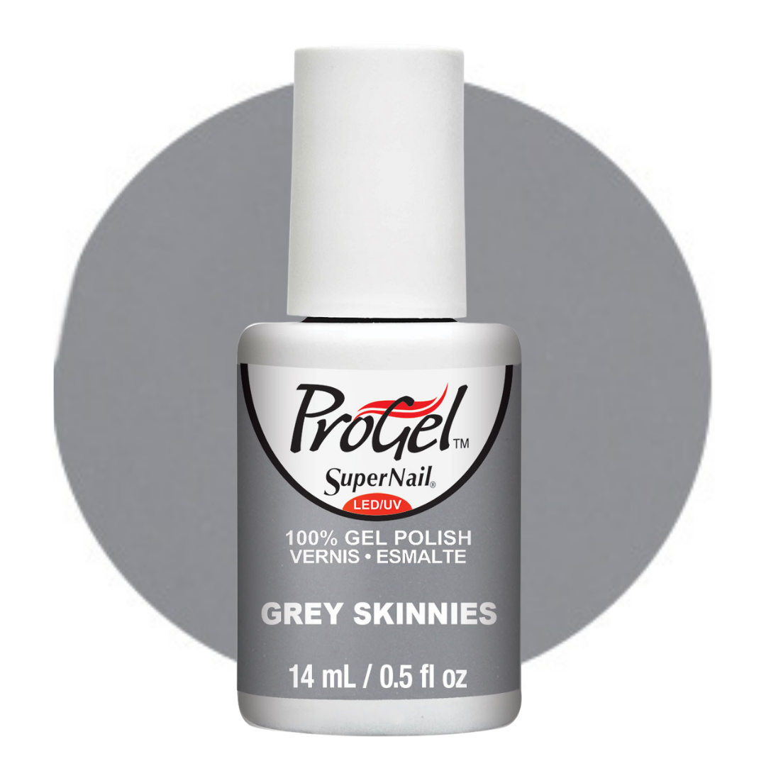 A bottle of ProGel SuperNail LEDUV gel polish in the shade 'Grey Skinnies', featuring a white cap and a grey label, set against a grey circular color swatch on a white background.