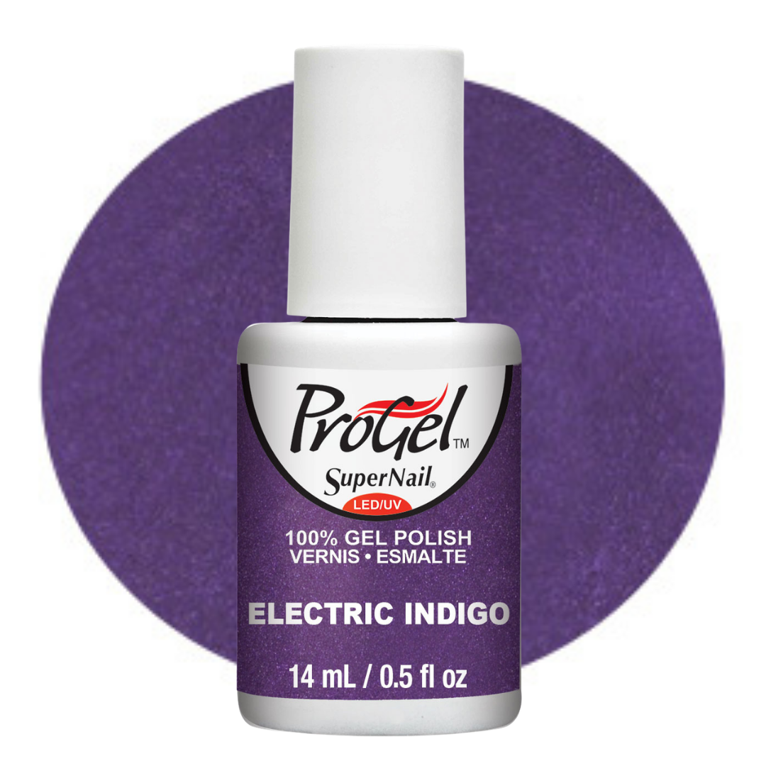 A bottle of ProGel SuperNail LED UV gel polish in the shade Electric Indigo, featuring a white cap and a purple label, set against a matching purple circular background on a white backdrop.