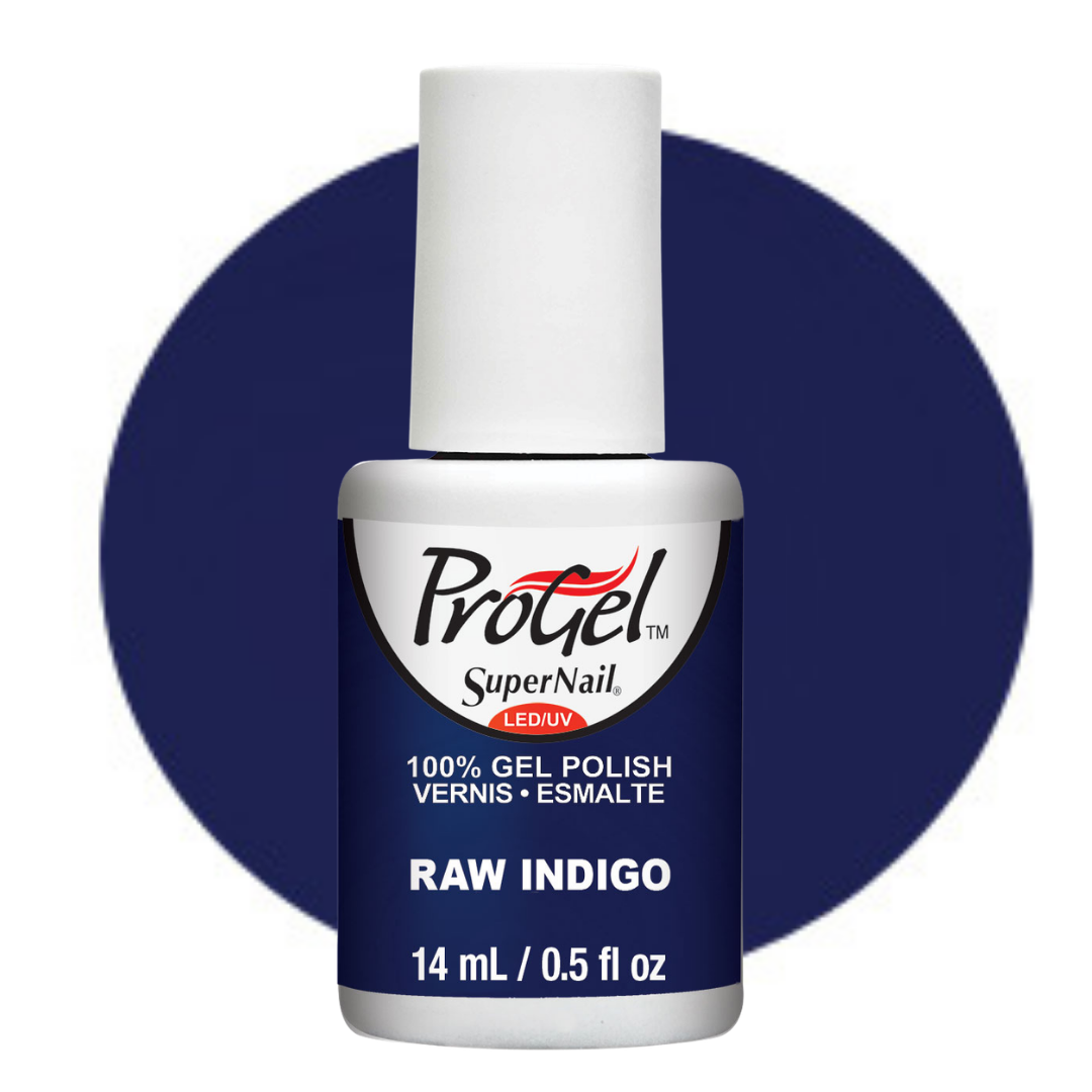 A bottle of ProGel SuperNail LED UV gel polish in the shade RAW INDIGO, featuring a dark indigo blue label and a white cap, set against a matching dark indigo circular background on a white studio backdrop.