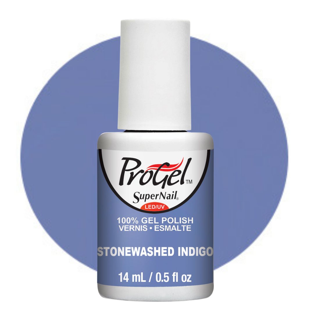 A bottle of ProGel SuperNail LED UV gel polish in the shade Stonewashed Indigo, shown against a white background with a large blue circular color swatch behind it.