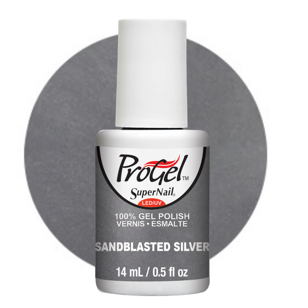 A bottle of ProGel SuperNail LED UV 100% gel polish in the shade Sandblasted Silver, shown against a white background with a gray circular color swatch behind it.