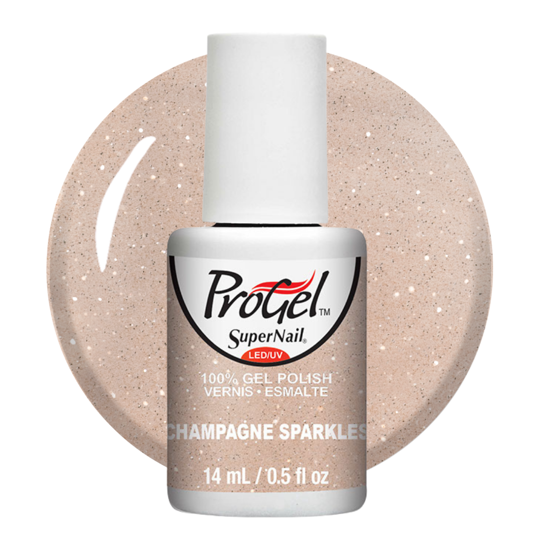 A bottle of ProGel SuperNail LED gel polish in the shade Champagne Sparkles, shown in front of a circular swatch of the glittery champagne-beige polish on a white background.