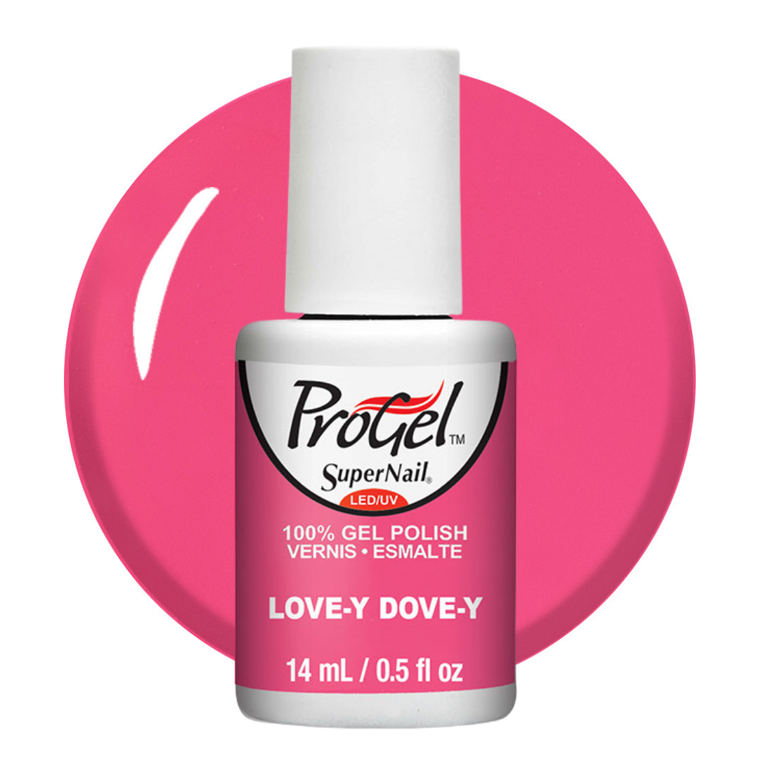 A bottle of ProGel SuperNail LED gel polish in the shade Love-Y Dove-Y, shown against a vibrant pink circular background swatch on a white background.
