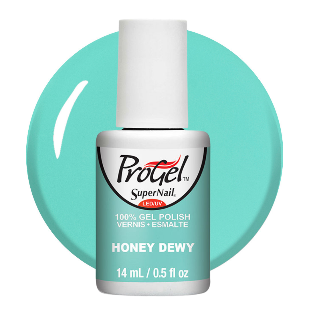 A bottle of Progel SuperNail LED gel polish in the shade Honey Dewy, featuring a mint green and white bottle with a white cap, set against a matching mint green circular background on a white studio backdrop.