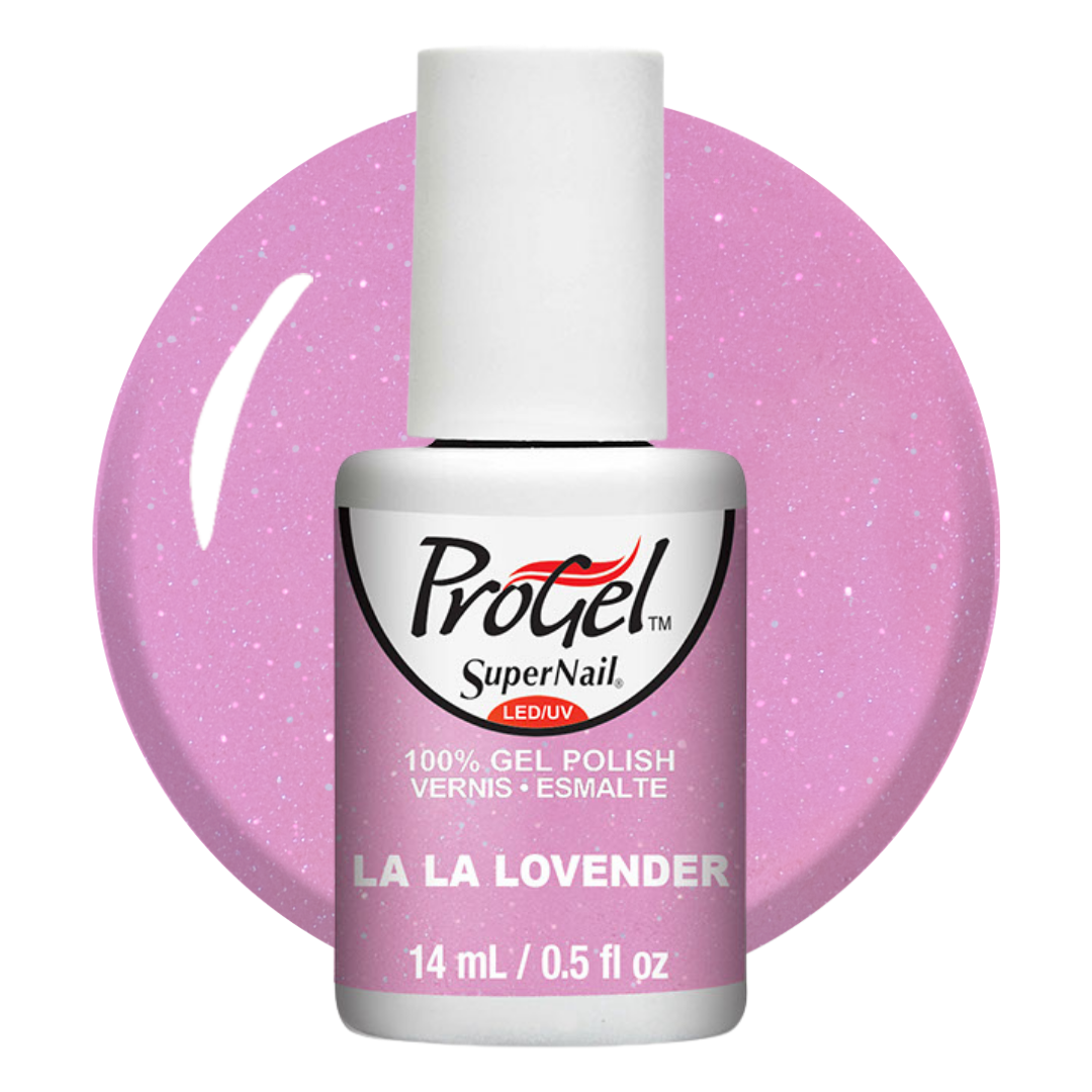 A bottle of ProGel SuperNail LED gel polish in the shade 'La La Lovender', featuring a pink glitter swatch background.