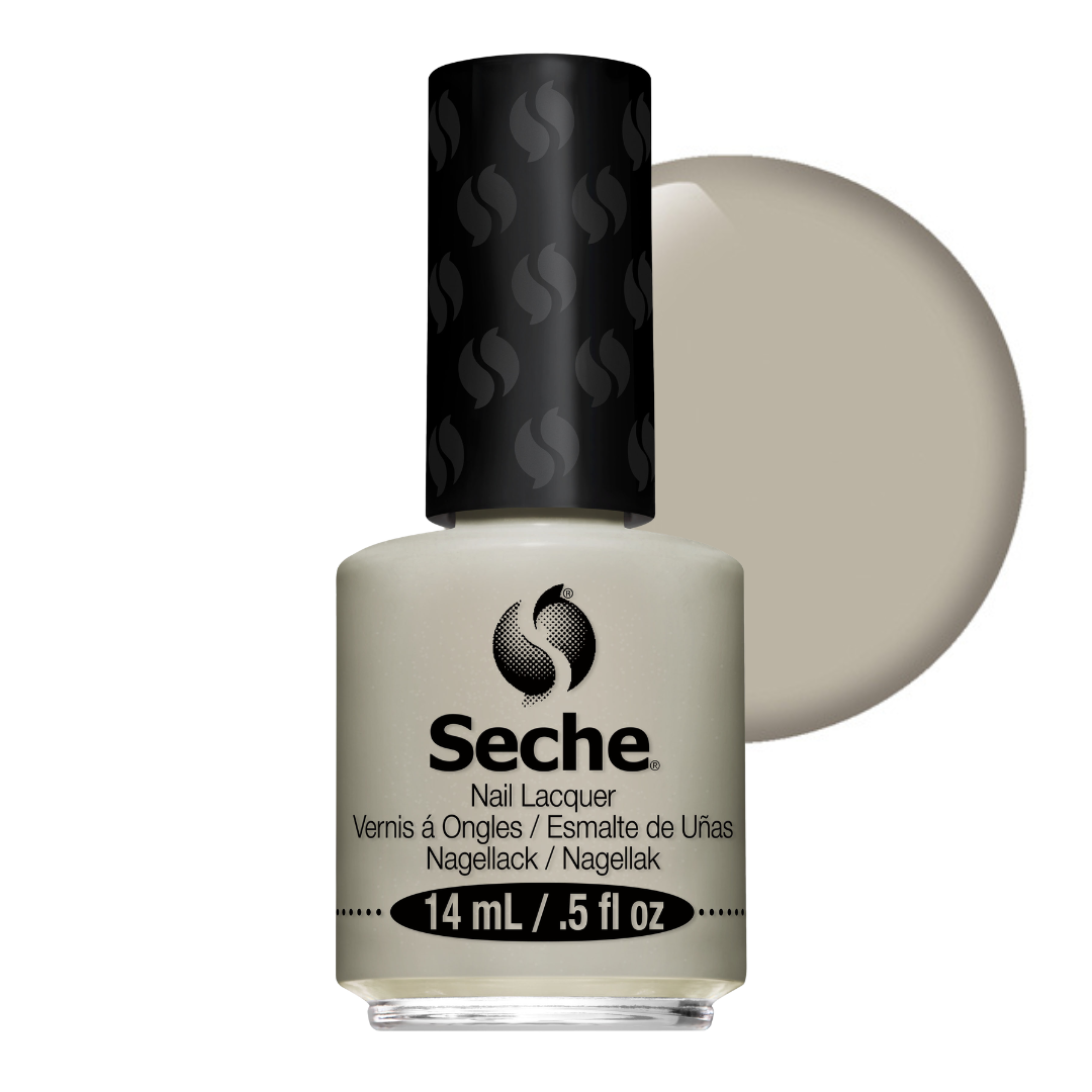 83220 Seche Simple Yet Significant Nail Vanish 14ml | A bottle of Seche nail polish in a light beige shade, shown with a matching circular color swatch behind it on a white background.