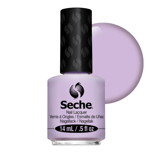 A bottle of Seche nail lacquer in a light lavender purple shade, shown with a large matching circular color swatch behind it on a white background.