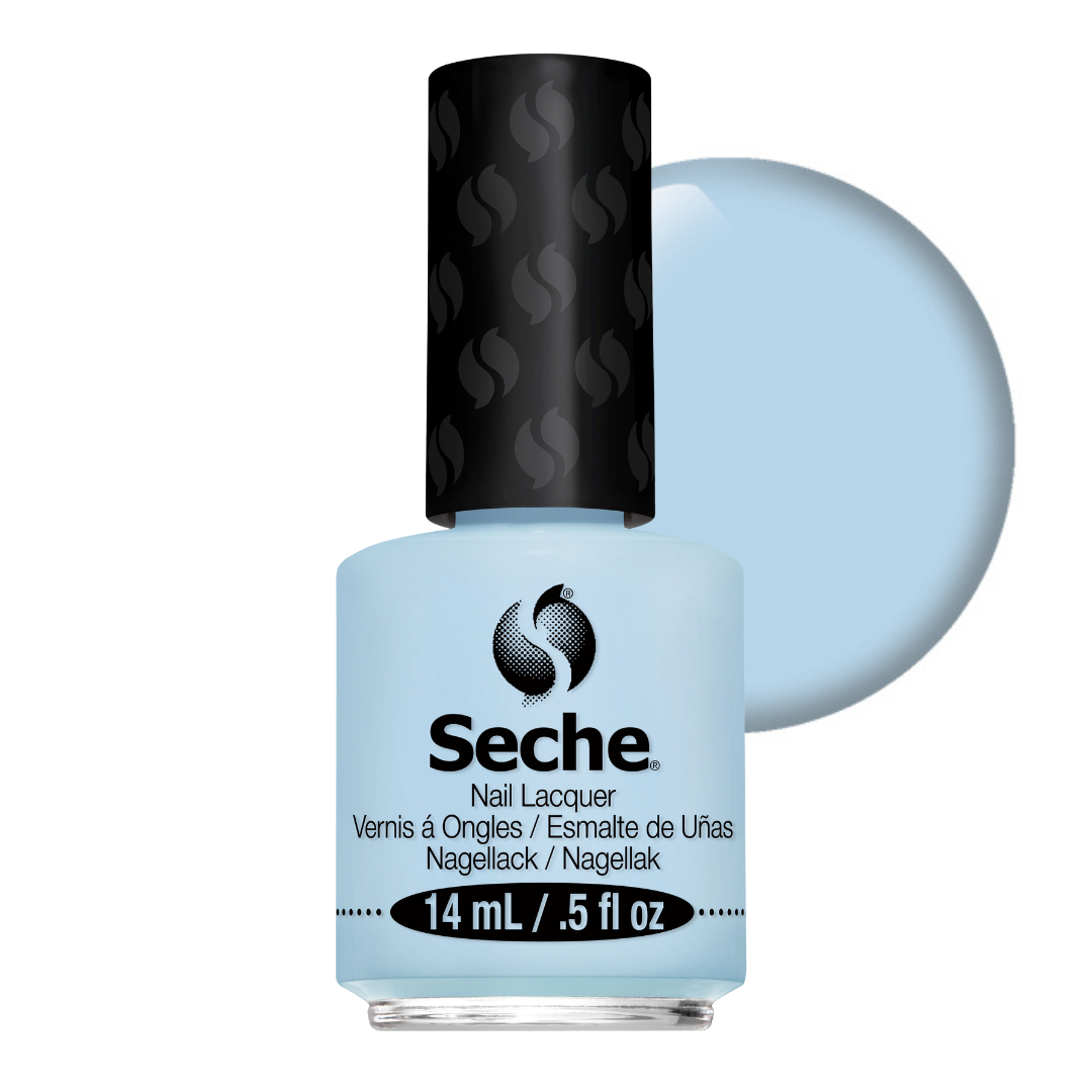 83224 Seche Casually Cool Nail Vanish 14ml | A bottle of Seche nail lacquer in a light pastel blue shade, shown with a matching circular color swatch behind it on a white background.