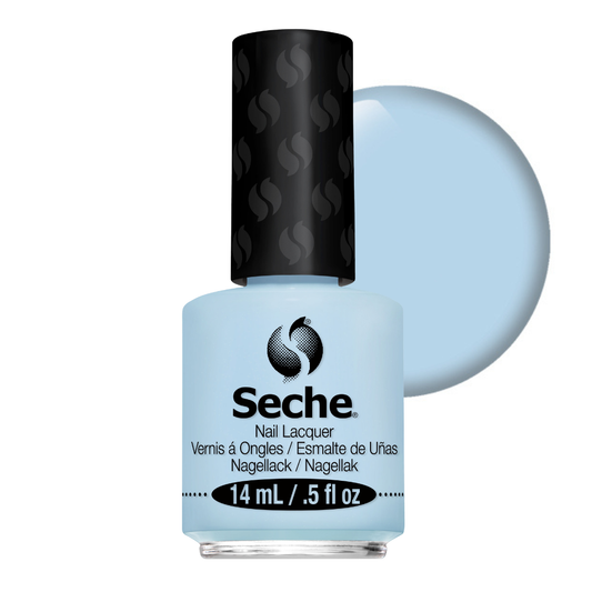 A bottle of Seche nail lacquer in a light pastel blue shade, shown with a matching circular color swatch behind it on a white background.