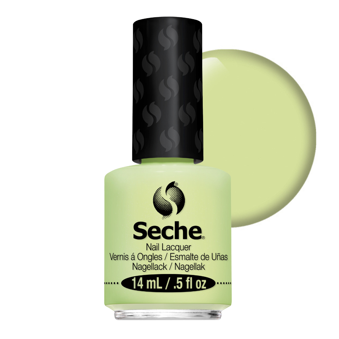 83225 Seche May Be Modest Nail Vanish 14ml | A bottle of Seche nail lacquer in a light yellow-green shade, shown with a matching circular color swatch behind it on a white background.