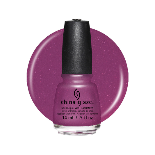 A bottle of China Glaze nail polish in a sparkling magenta-purple shade, shown in front of a matching circular color swatch on a white background.
