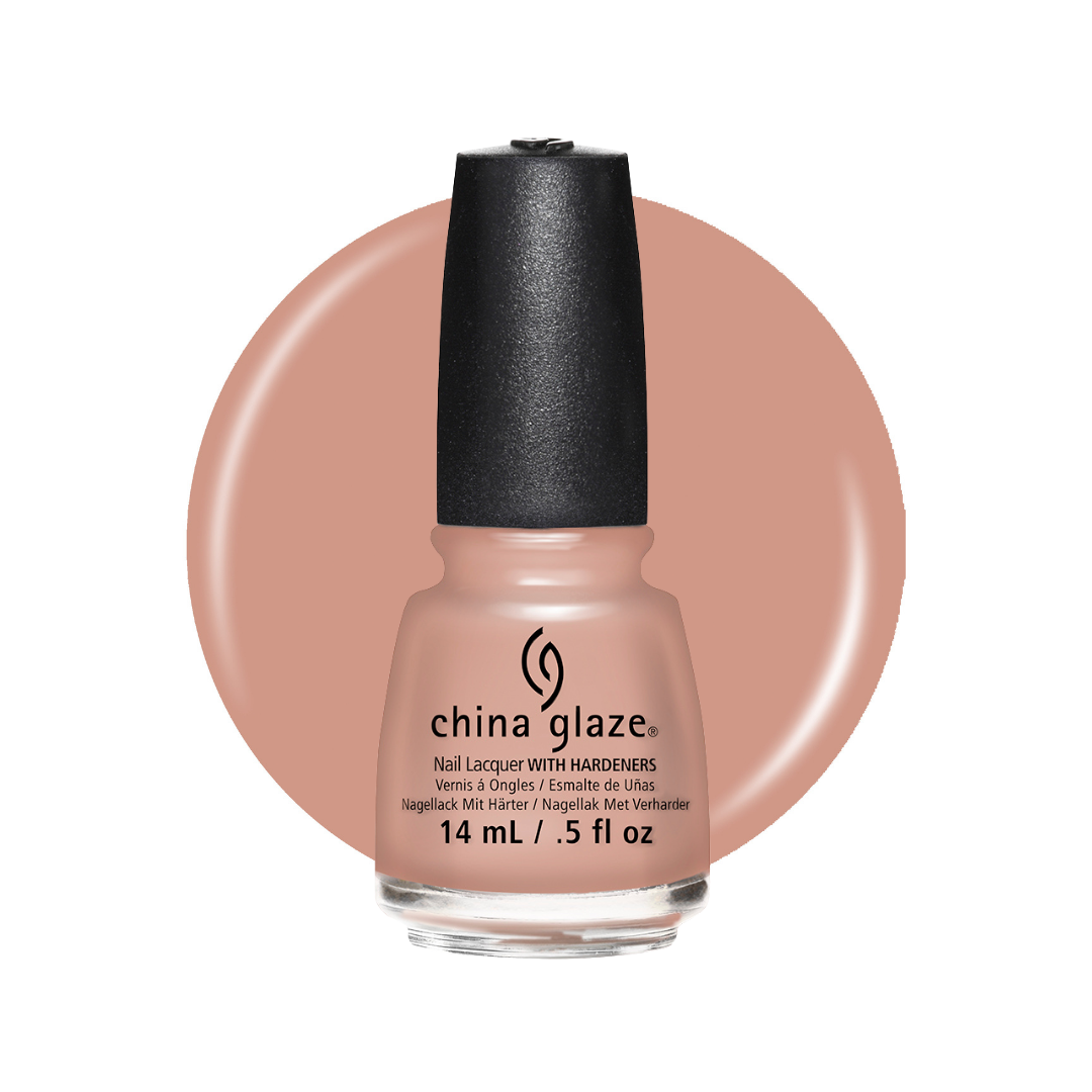 A bottle of China Glaze nail polish in a warm peachy nude shade, shown against a white background with a large matching color swatch circle behind it.