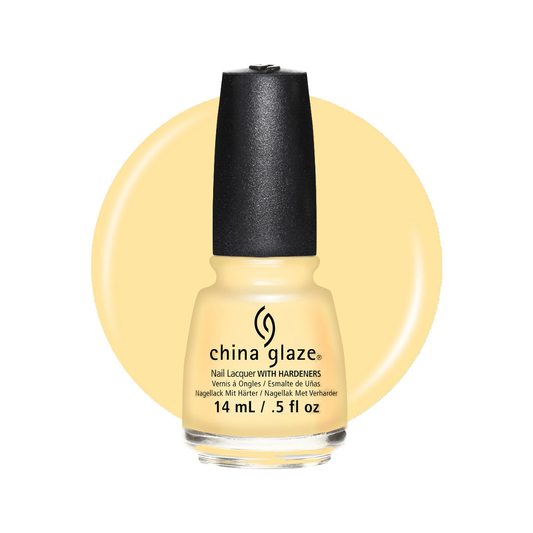 A bottle of China Glaze nail polish with a black cap, shown against a pale yellow circular color swatch on a white background.