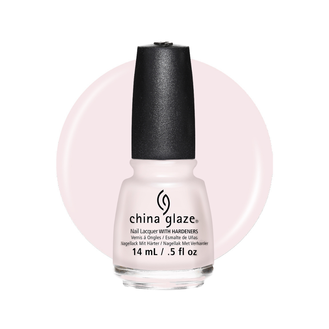 A bottle of China Glaze nail polish with hardeners in a pale pink shade, featuring a black cap and a light pink circular color swatch behind it on a white background.