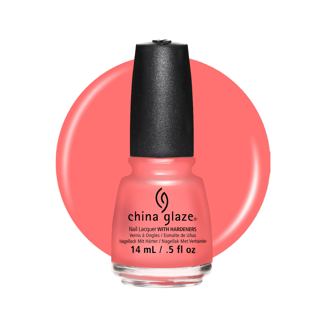 A bottle of China Glaze nail polish in a coral pink shade, shown against a white background with a large matching coral circular color swatch behind it.
