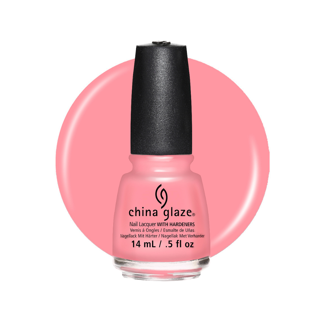 A bottle of China Glaze nail lacquer in the shade Hardifiers, featuring a light pink color with a black cap, set against a matching pink circular swatch on a white background.