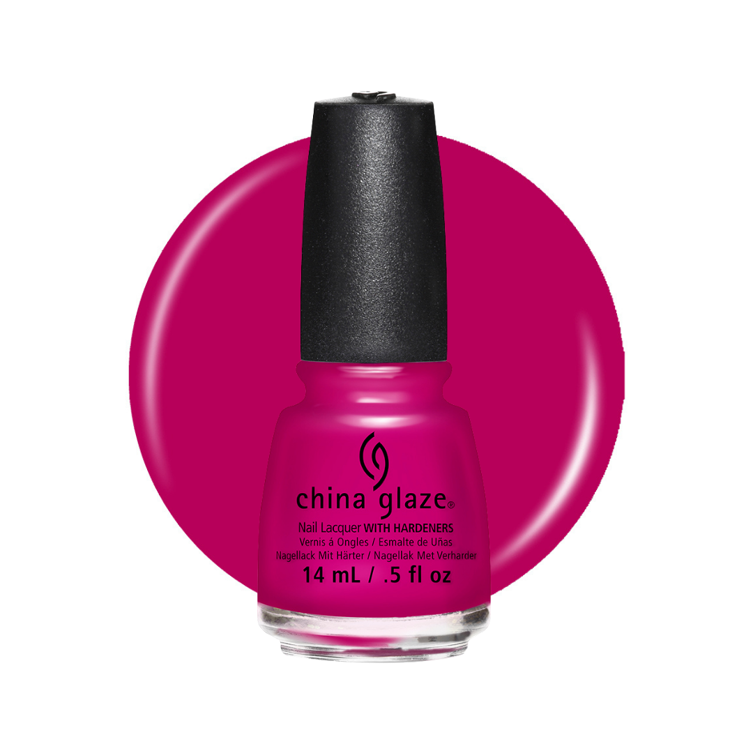 A bottle of China Glaze nail polish in a vibrant magenta pink shade, set against a matching circular color swatch on a white background.