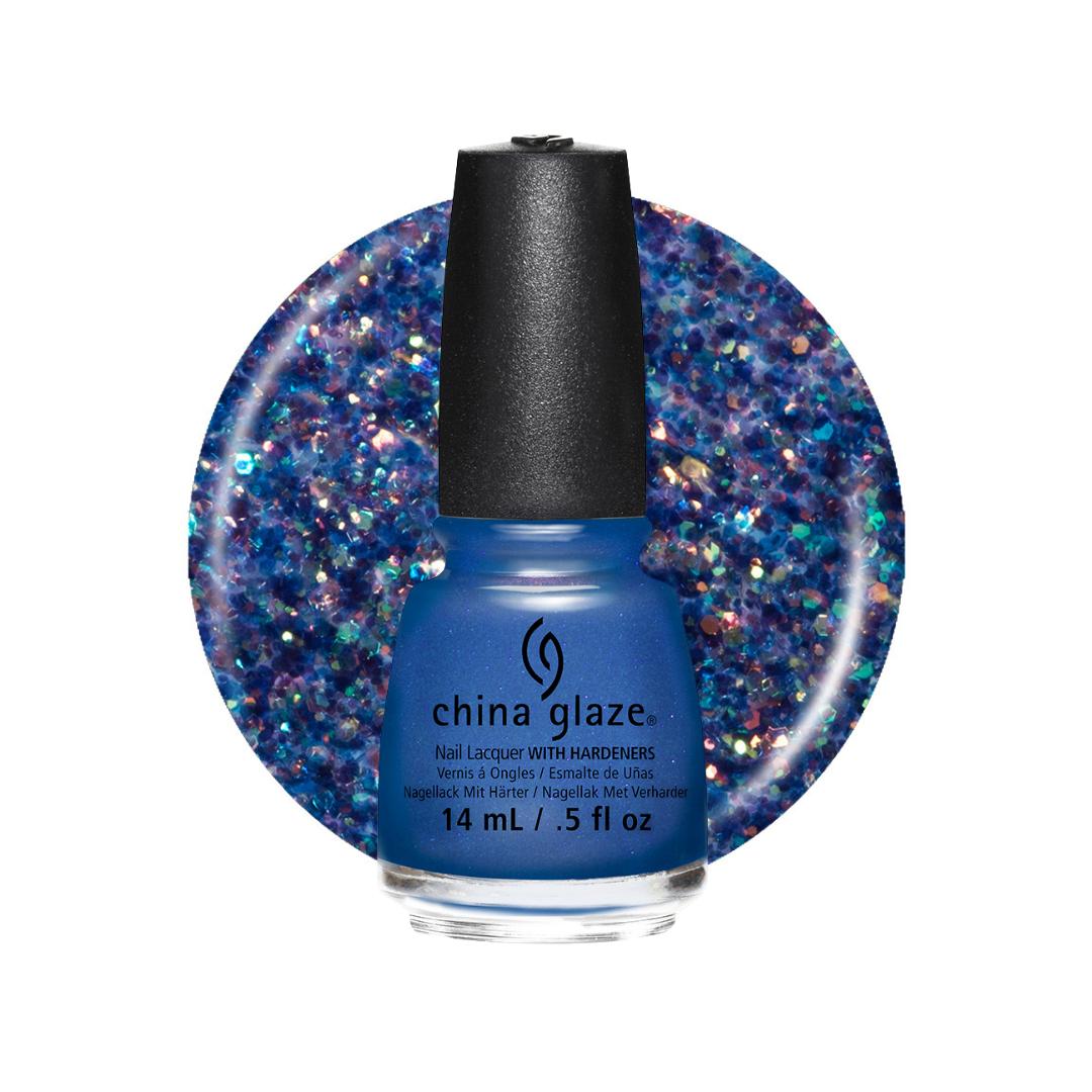 A bottle of China Glaze nail lacquer with hardeners in a glittery blue shade, shown in front of a circular swatch of the same sparkling blue polish on a white background.