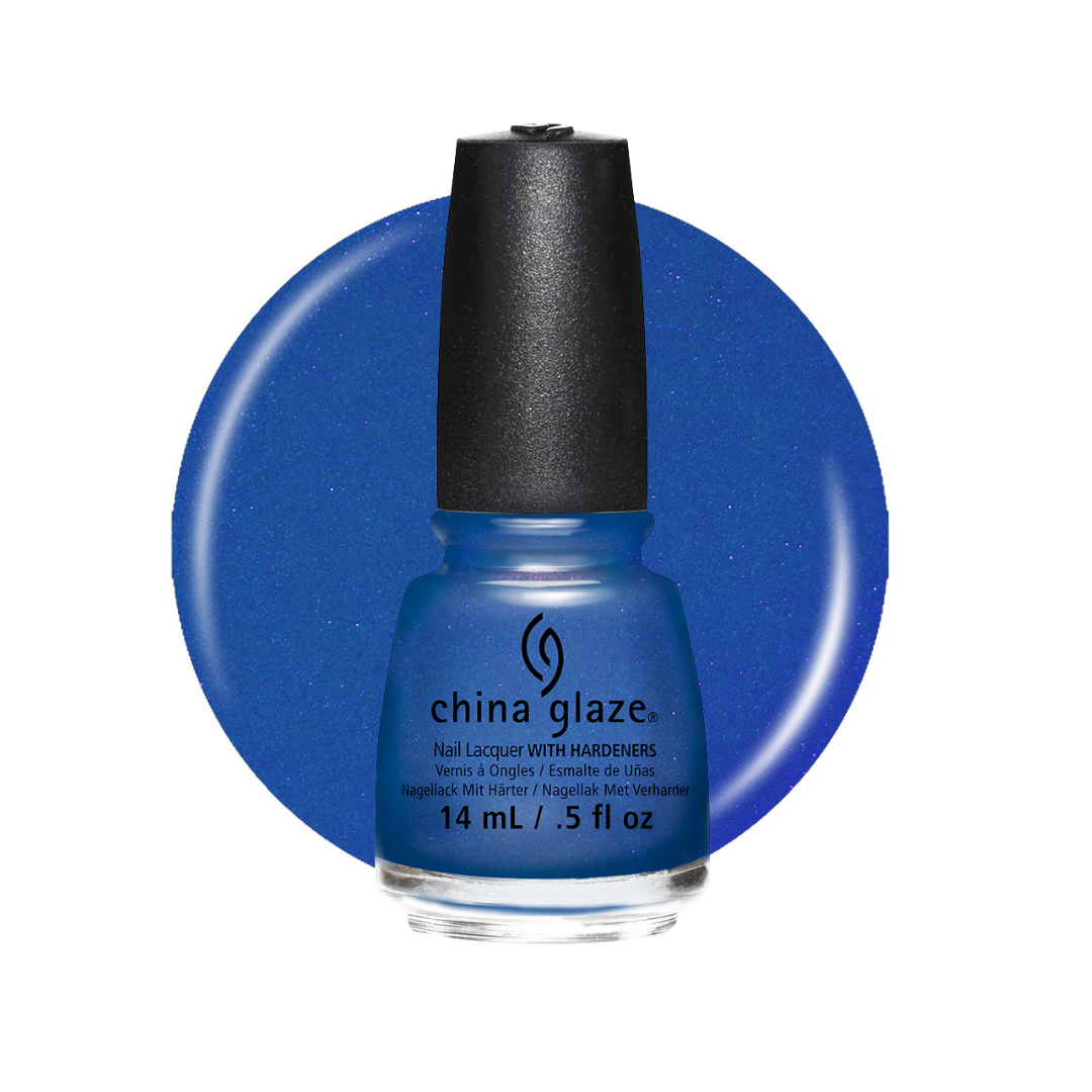 A bottle of China Glaze nail polish with hardeners in a vibrant royal blue color, set against a matching blue circular swatch on a white background.